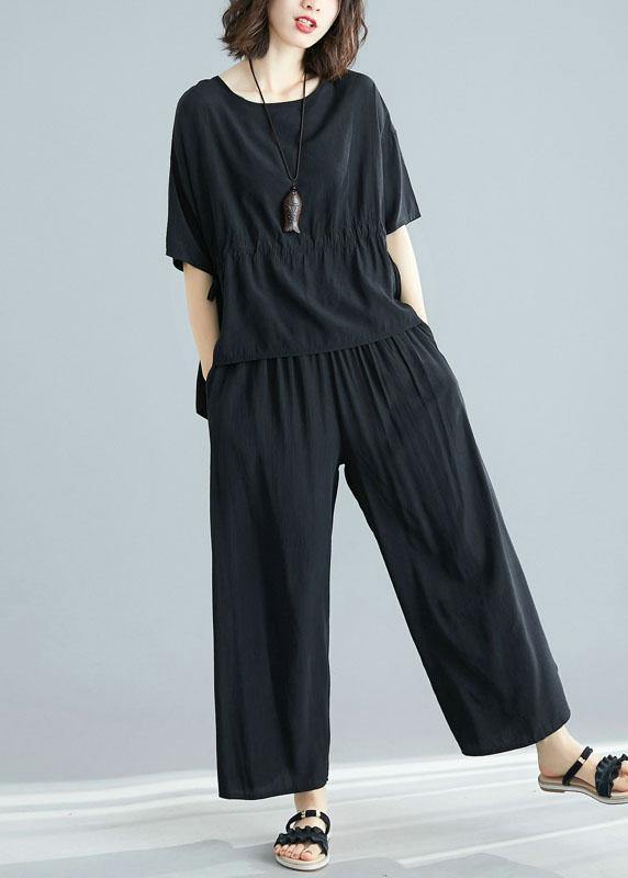Black Summer Short Sleeve Pullover and Drawstring Pants Two Pieces