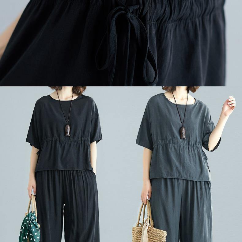 Black Summer Short Sleeve Pullover and Drawstring Pants Two Pieces