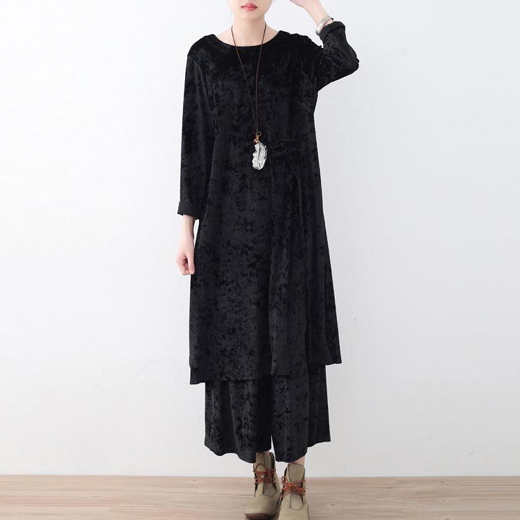 Black Two Pieces Autumn Oversize Corduroy Pullover With Cozy Wide Leg Pants