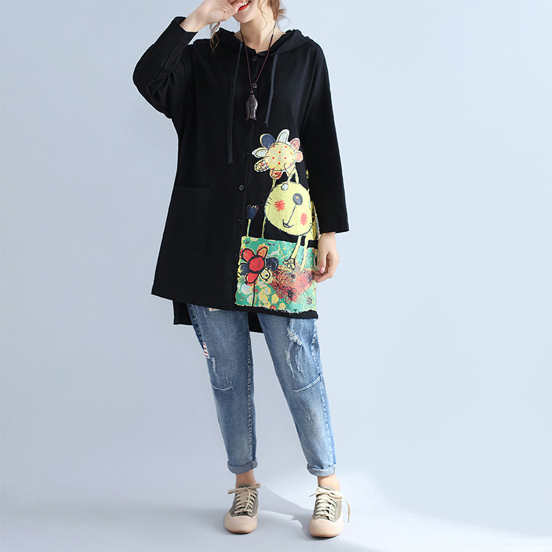 Black Warm Cotton Hooded Cardigan Prints Oversize Long Sleeve Trench Coats