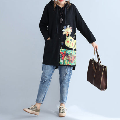 Black Warm Cotton Hooded Cardigan Prints Oversize Long Sleeve Trench Coats