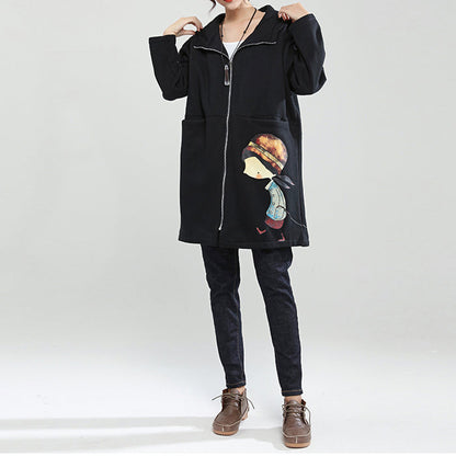 Black Winter Thick Cotton Zippered Cardigans Cartoon Prints Hooded Trench Coats