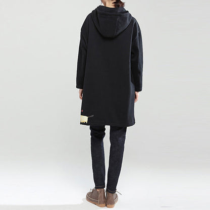 Black Winter Thick Cotton Zippered Cardigans Cartoon Prints Hooded Trench Coats
