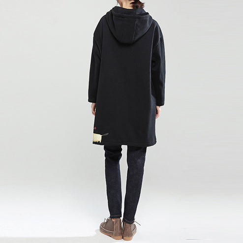 Black Winter Thick Cotton Zippered Cardigans Cartoon Prints Hooded Trench Coats