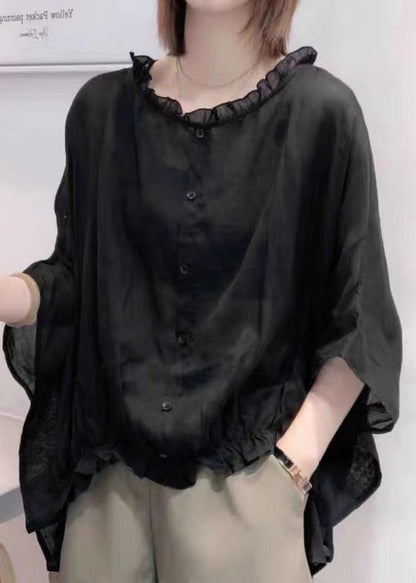 Art Green Print Tops Ruffles Trim Half Sleeve Shirts Blouse