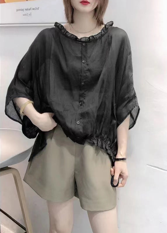 Art Yellow Tops Ruffles Trim Half Sleeve Shirts Blouse