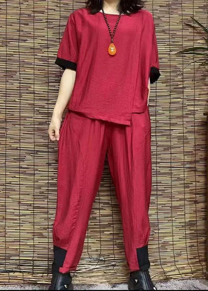 Black Cotton Linen Two Pieces O Neck Cinched Hem Tops and Harem Pants