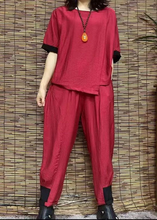 Black Cotton Linen Two Pieces O Neck Cinched Hem Tops and Harem Pants
