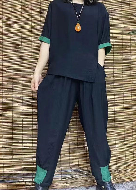 Black Cotton Linen Two Pieces O Neck Cinched Hem Tops and Harem Pants