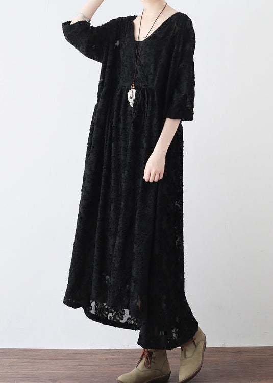 Black Cross Neck Lace Dresses Lace Caftans Tunic High Waist Design