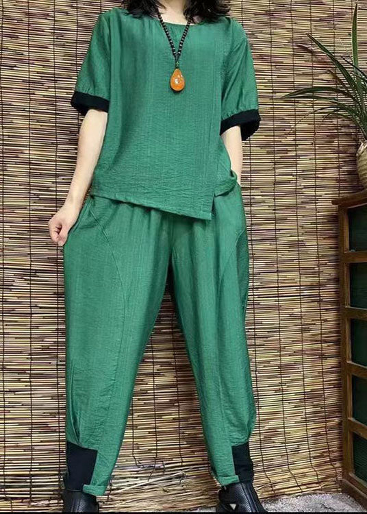 Black Cotton Linen Two Pieces O Neck Cinched Hem Tops and Harem Pants