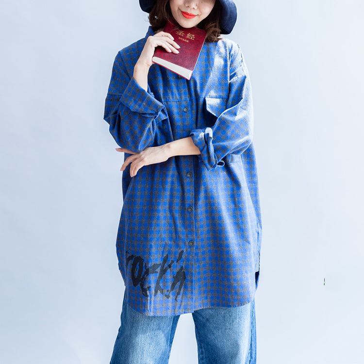 Blue Grid Prints Cotton Blouse Oversize Turn-down Collar Shirt