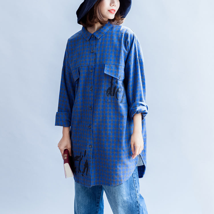 Blue Grid Prints Cotton Blouse Oversize Turn-down Collar Shirt