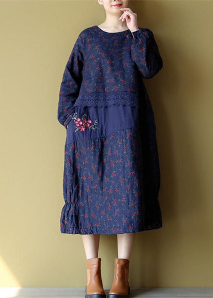 Blue Cotton Warm Dresses Embroidery Linen Long Sleeve Patchwork Dresses
