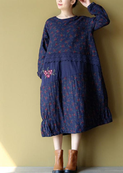 Blue Cotton Warm Dresses Embroidery Linen Long Sleeve Patchwork Dresses