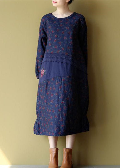Blue Cotton Warm Dresses Embroidery Linen Long Sleeve Patchwork Dresses