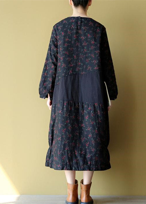 Blue Cotton Warm Dresses Embroidery Linen Long Sleeve Patchwork Dresses
