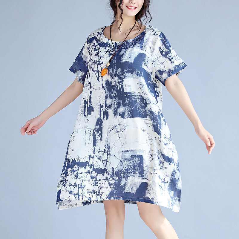 Blue Linen Knee Dress Loose Fitting Linen Clothing Dress Fine Prints O Neck Short Sleeve Linen Dresses
