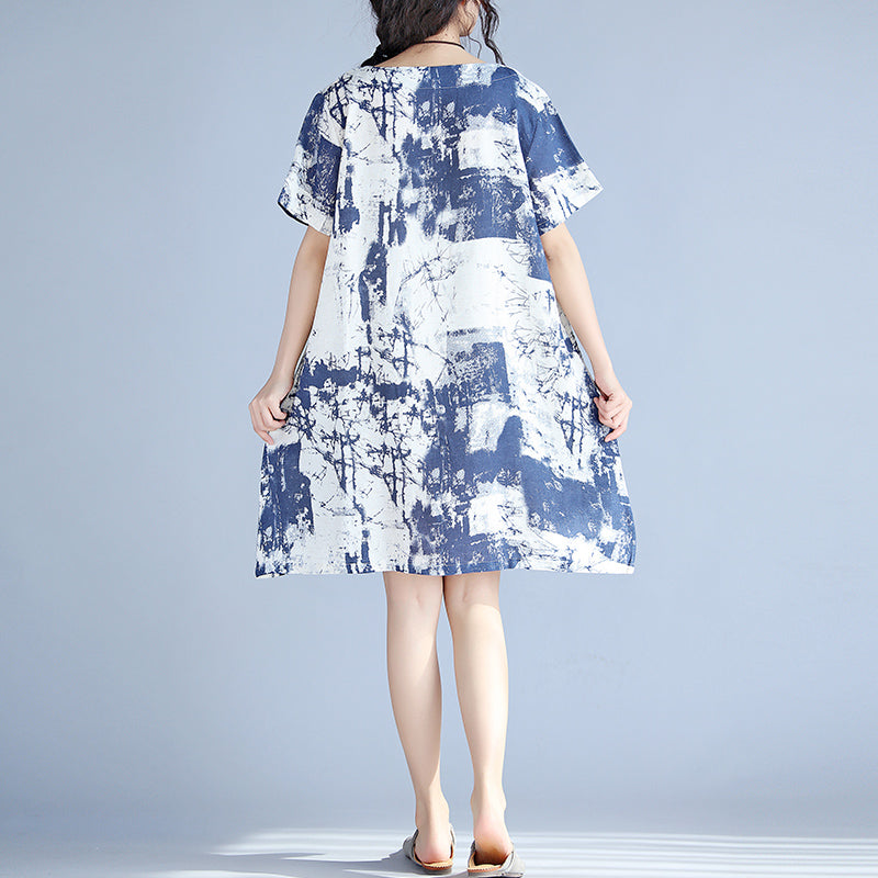 Blue Linen Knee Dress Loose Fitting Linen Clothing Dress Fine Prints O Neck Short Sleeve Linen Dresses