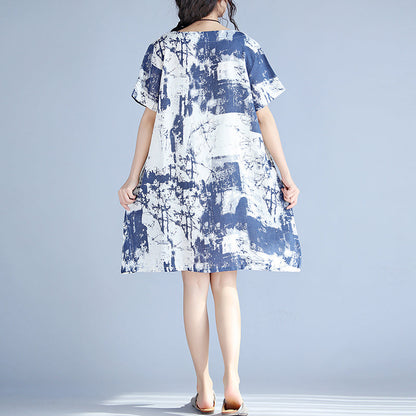 Blue Linen Knee Dress Loose Fitting Linen Clothing Dress Fine Prints O Neck Short Sleeve Linen Dresses
