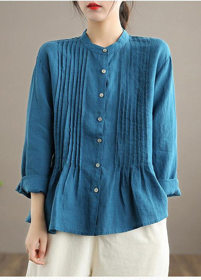 Organic White-flower Linen Shirt Tunics Women Ramie Blouse
