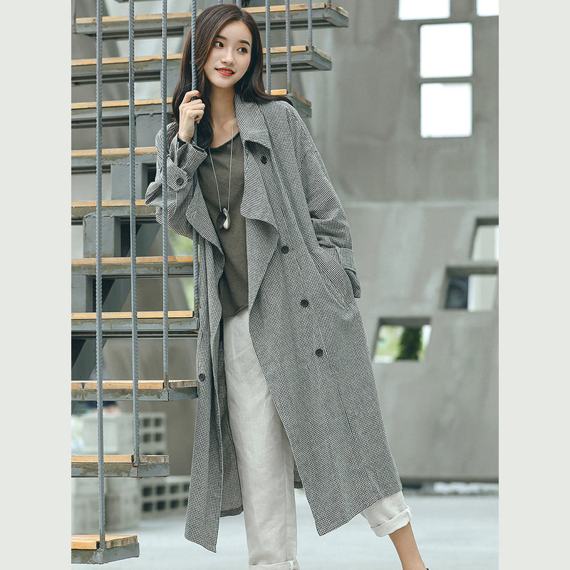 Boutique Plaid Coat Notched Tie Waist Maxi Coat New Double Breasted Long Coat