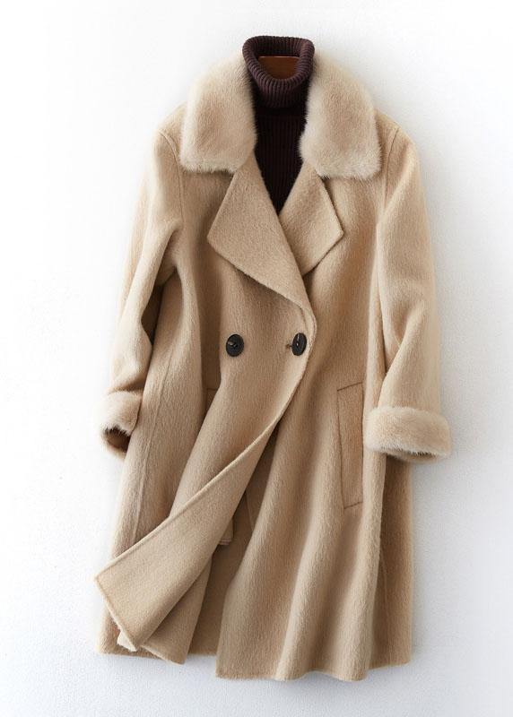 Boutique Beige Woolen Coats Oversize Medium Length Jackets Fur Collar Coat Double Breast
