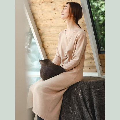 Boutique Beige Knit Loose Fitting V Neck Spring Dresses Fine Drawstring Long Knit Sweaters