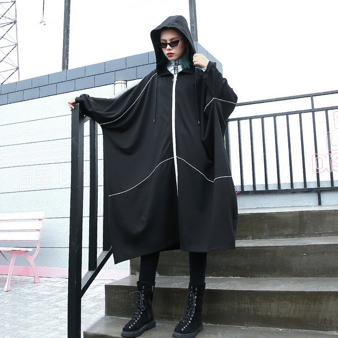 Boutique Black Winter Coat Oversized Hooded New Batwing Sleeve Asymmetrical Design Coat