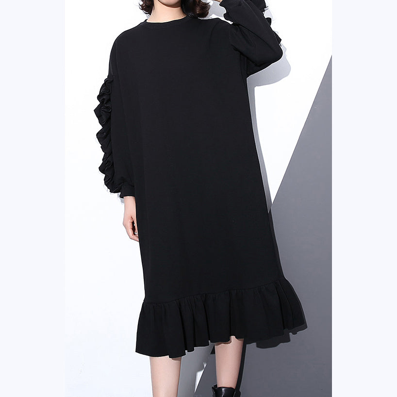 Boutique Black Autumn Cotton Dress O Neck Cotton Clothing Dress Long Sleeve Cinched Maxi Dresses