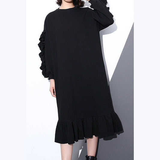 Boutique Black Autumn Cotton Dress O Neck Cotton Clothing Dress Long Sleeve Cinched Maxi Dresses
