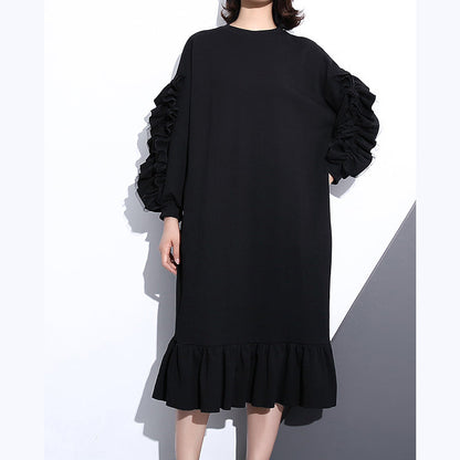 Boutique Black Autumn Cotton Dress O Neck Cotton Clothing Dress Long Sleeve Cinched Maxi Dresses