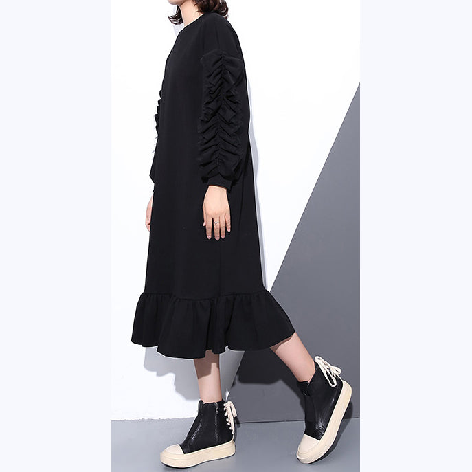Boutique Black Autumn Cotton Dress O Neck Cotton Clothing Dress Long Sleeve Cinched Maxi Dresses