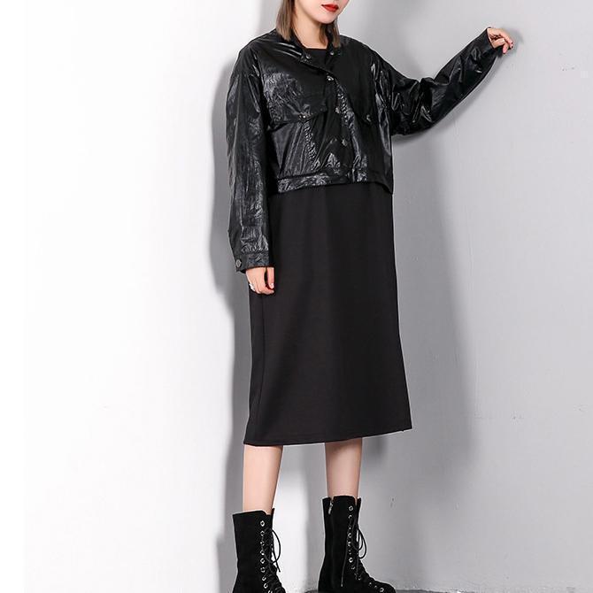 Boutique Black Caftans Stand Collar Gown Fine Patchwork False Two Pieces Maxi Dresses