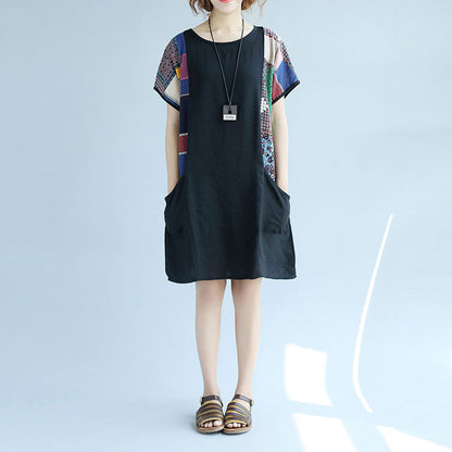 Boutique Black Cotton Shift Dress Dress Big Pockets Patchwork Knee Dresses