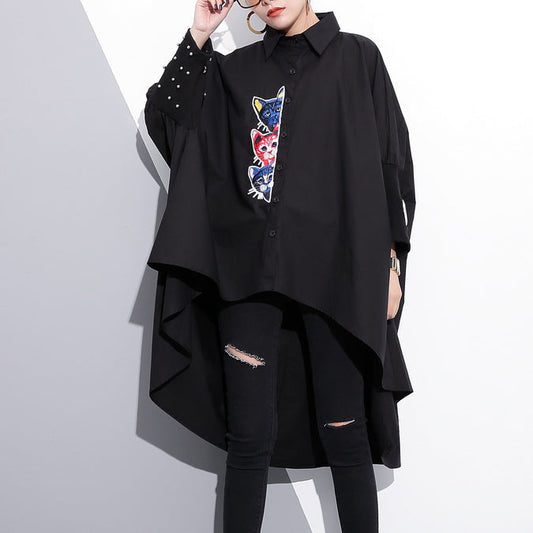 Boutique Black Embroidery Cotton Tops Oversized Traveling Clothing Low High Batwing Sleeve Cotton T Shirt