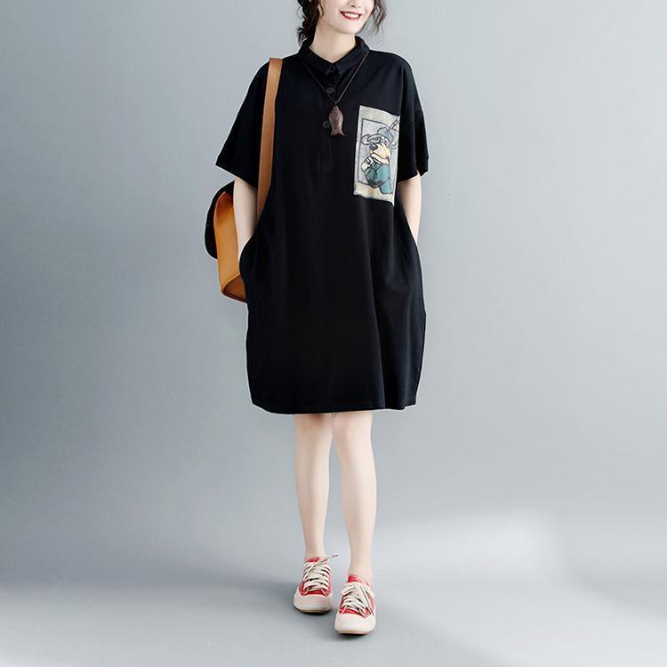 Boutique Black Natural Cotton Dress Oversized Cotton Dress Short Sleeve Turn-down Collar Clothing Dress