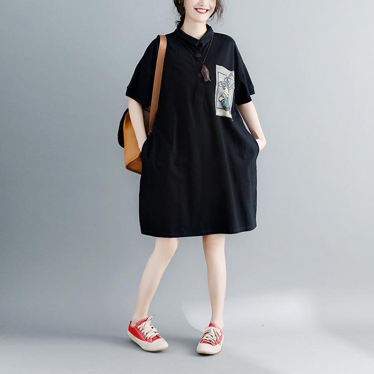 Boutique Black Natural Cotton Dress Oversized Cotton Dress Short Sleeve Turn-down Collar Clothing Dress