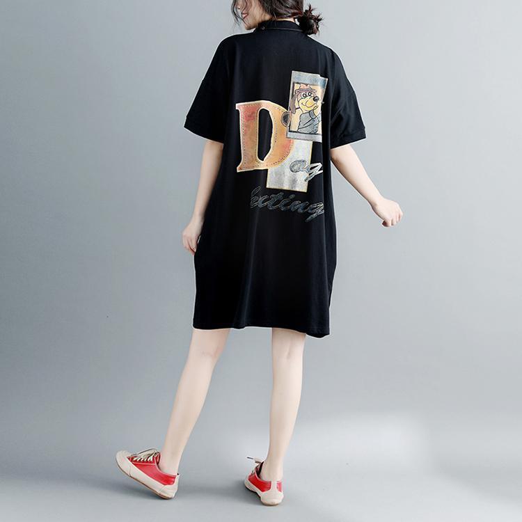 Boutique Black Natural Cotton Dress Oversized Cotton Dress Short Sleeve Turn-down Collar Clothing Dress