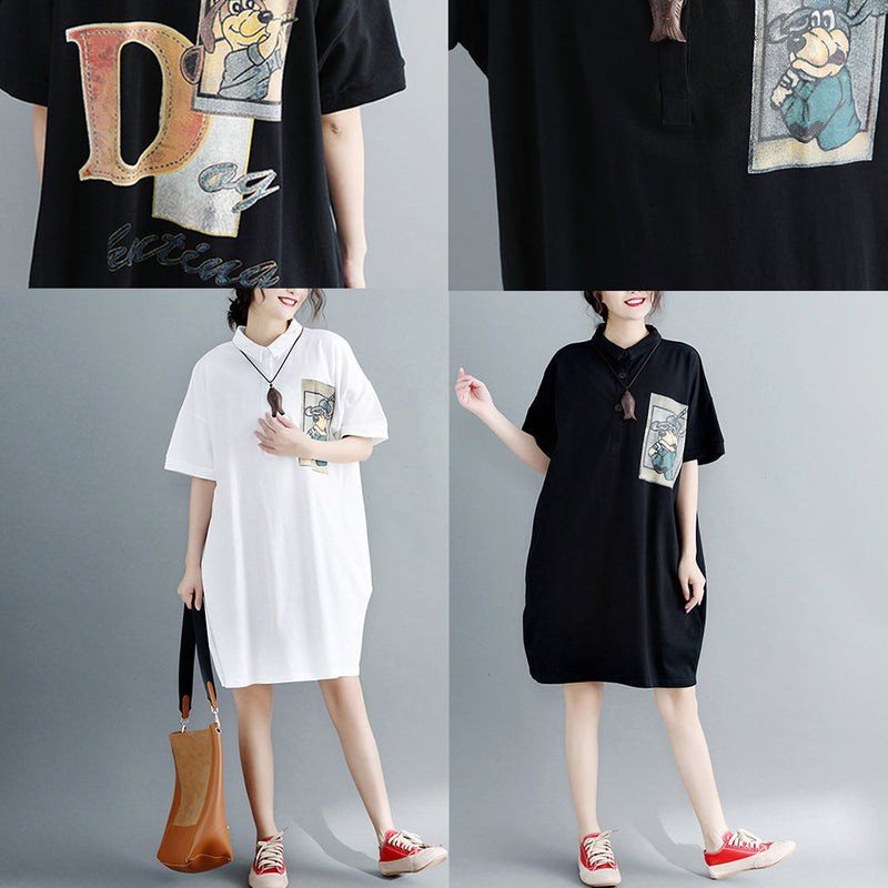 Boutique Black Natural Cotton Dress Oversized Cotton Dress Short Sleeve Turn-down Collar Clothing Dress