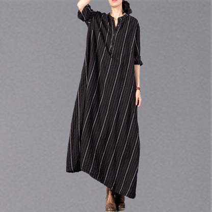 Boutique Black Striped Loose Fitting Stand Collar Clothing Dresses Fine Baggy Pockets Maxi Dresses