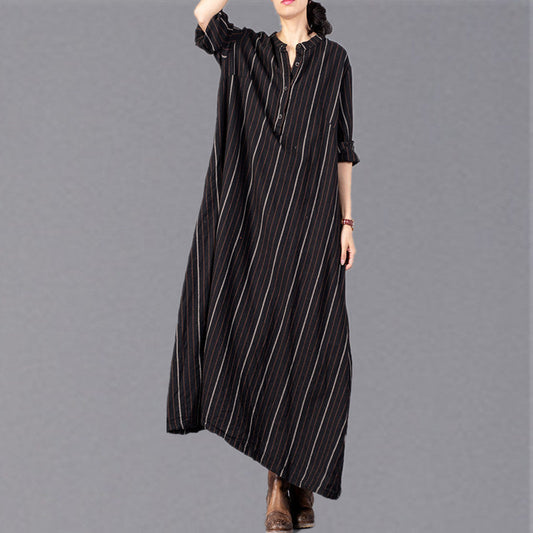 Boutique Black Striped Loose Fitting Stand Collar Clothing Dresses Fine Baggy Pockets Maxi Dresses