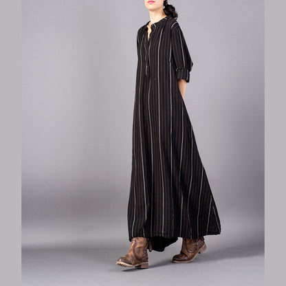 Boutique Black Striped Loose Fitting Stand Collar Clothing Dresses Fine Baggy Pockets Maxi Dresses
