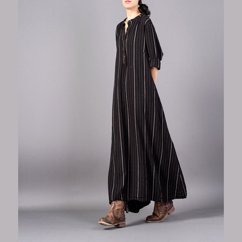 Boutique Black Striped Loose Fitting Stand Collar Clothing Dresses Fine Baggy Pockets Maxi Dresses