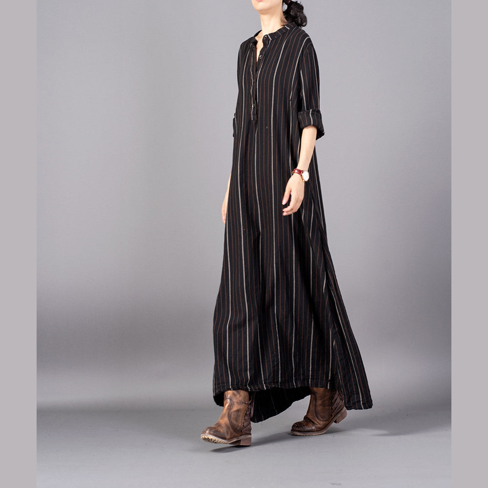 Boutique Black Striped Loose Fitting Stand Collar Clothing Dresses Fine Baggy Pockets Maxi Dresses