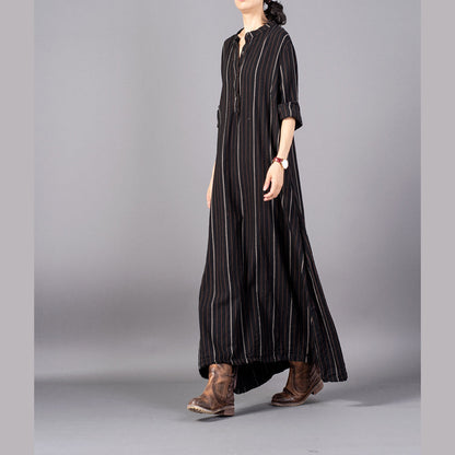 Boutique Black Striped Loose Fitting Stand Collar Clothing Dresses Fine Baggy Pockets Maxi Dresses