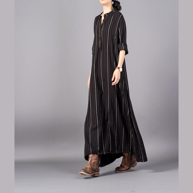 Boutique Black Striped Loose Fitting Stand Collar Clothing Dresses Fine Baggy Pockets Maxi Dresses