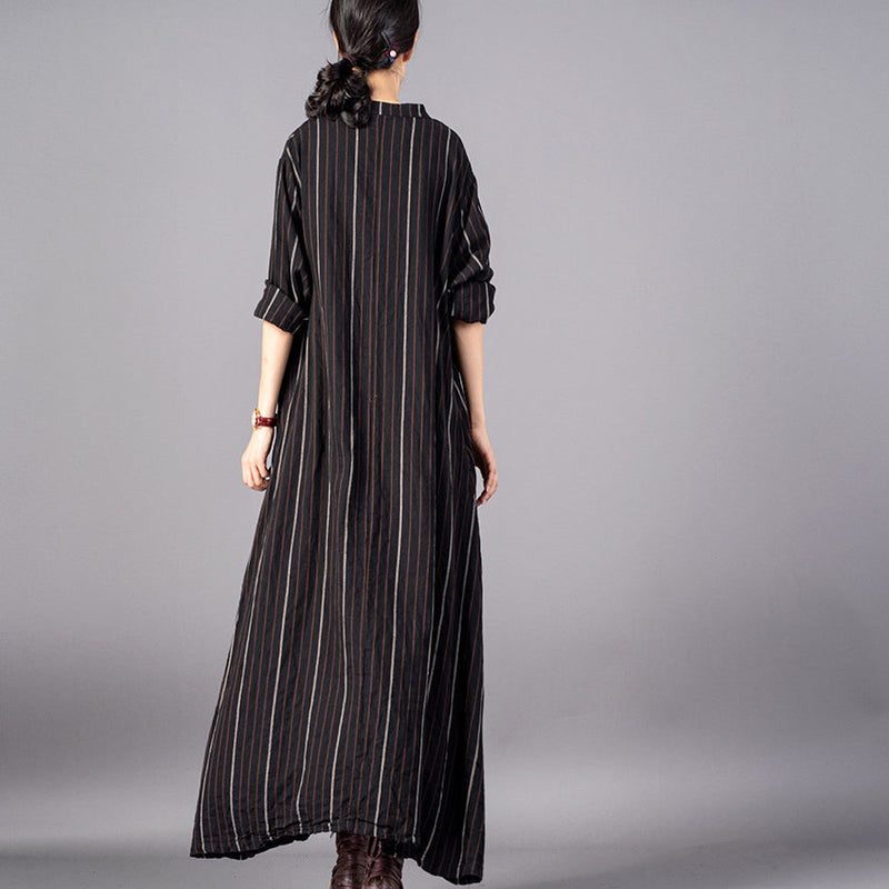 Boutique Black Striped Loose Fitting Stand Collar Clothing Dresses Fine Baggy Pockets Maxi Dresses