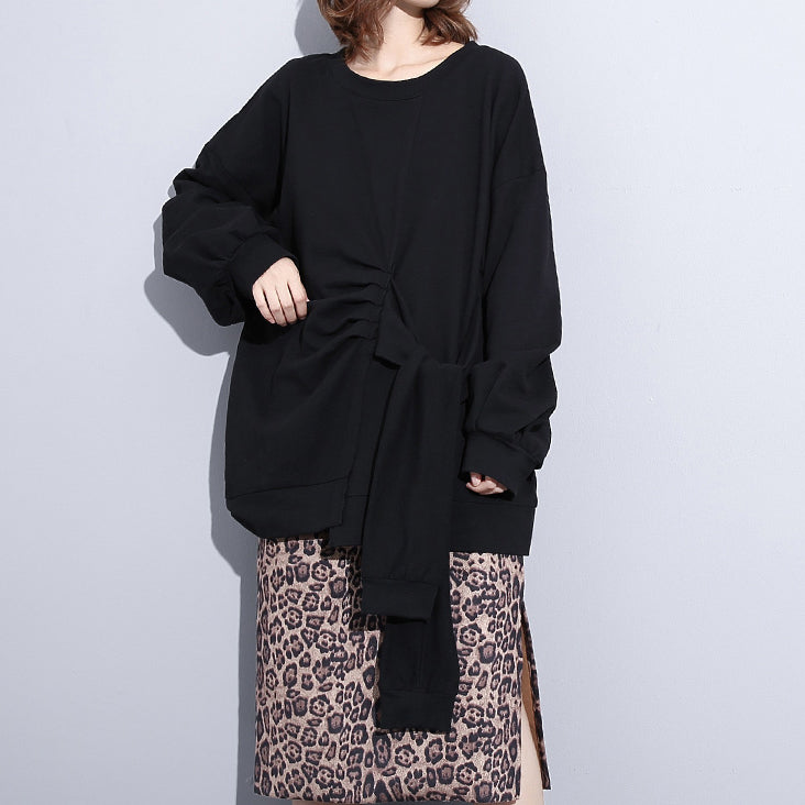 Boutique Black T Shirt Clothing O Neck Cinched T Shirts New Tie Waist Asymmetrical Natural Pullover