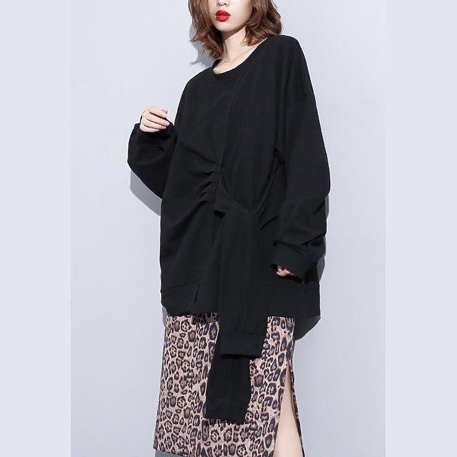 Boutique Black T Shirt Clothing O Neck Cinched T Shirts New Tie Waist Asymmetrical Natural Pullover